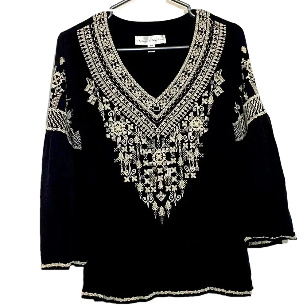 Chelsea and Theodore women black embroidered  3/4 bell sleeves whimsigoth blouse